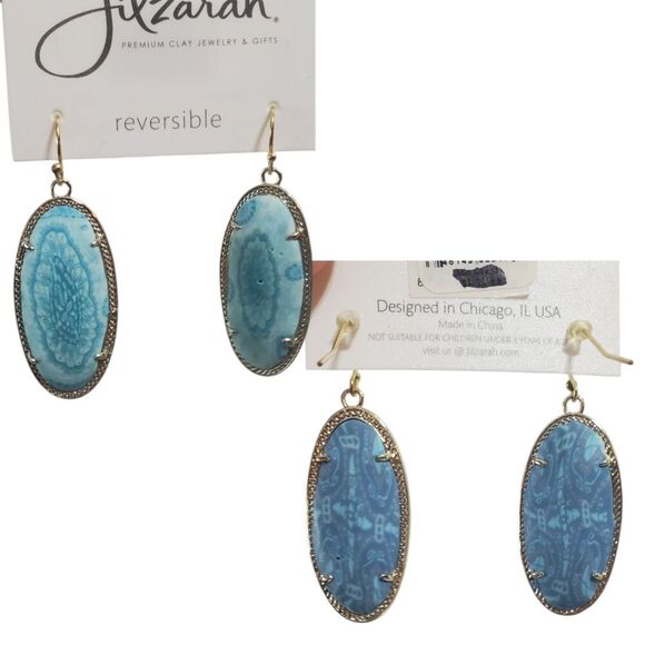Jilzarah Mandala Polymer Clay Blue Oval Drop Earrings Reversible Gold hardware - Picture 1 of 5